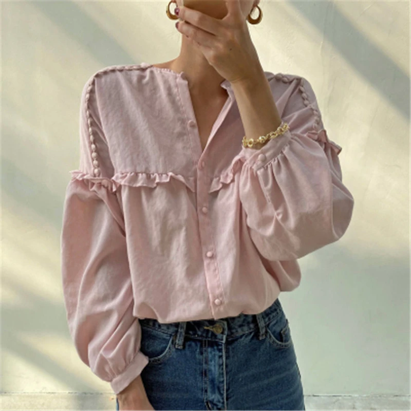 

New Women's Sweet Versatile Shirt Fall Korean Loose Casual O-neck Patchwork Ruffled Pleated Pink Ladies Blusa Blouses Tops