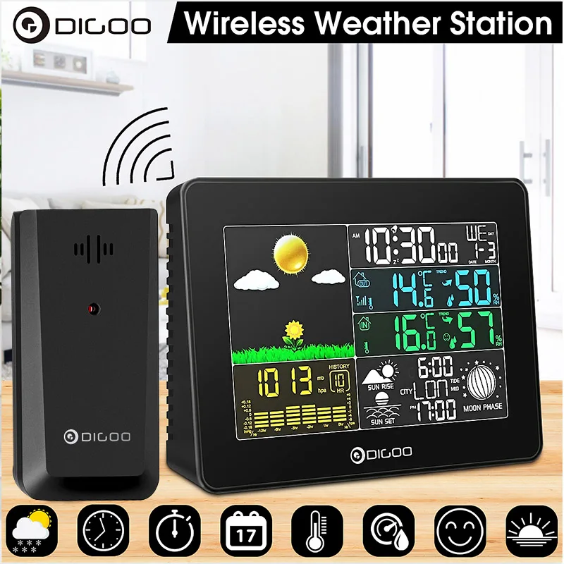 

DIGOO DG-TH8868 Weather Station LCD Indoor Outdoor Thermometer Humidity Snooze Alarm Clock Sunrise Sunset Calendar Forecast