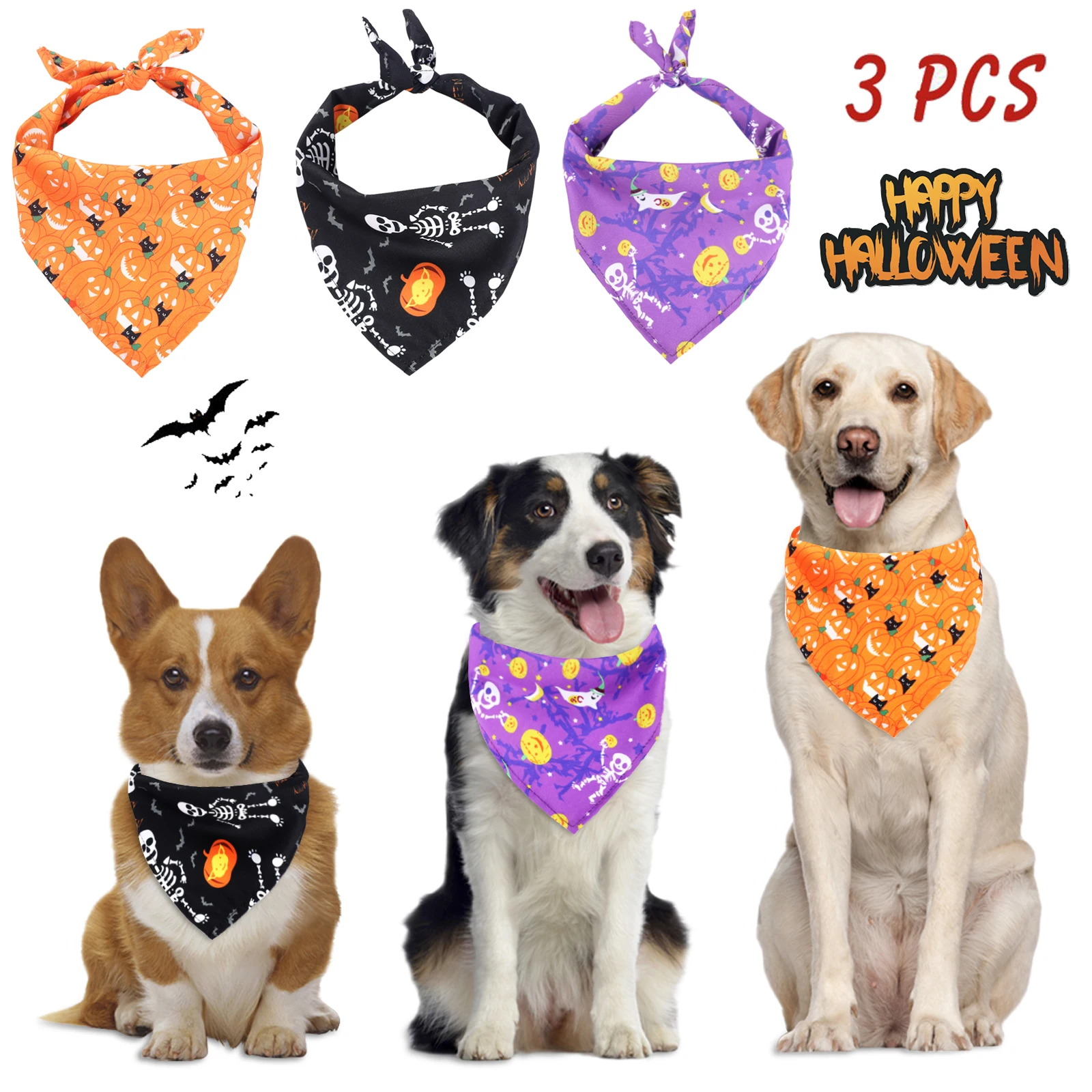 

3PCS Halloween Adjustable Dog Bibs For Small Dogs Collars Tie Necktie Cat Scarf Puppy Bandanas Cat Triangular Bow Ties Pet Groom