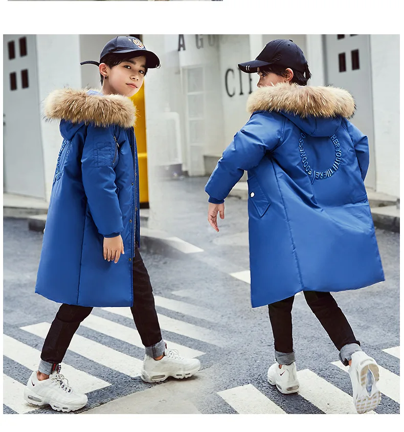 Dollplus/пальто для мальчиков зимняя детская куртка-пуховик длинное плотное зимнее пальто для мальчиков детские куртки на утином пуху для мальчиков, верхняя одежда с меховым воротником