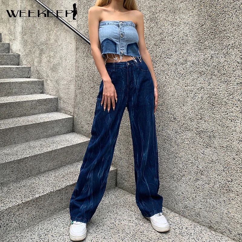 

Weekeep Blue Tie Dye Baggy Denim Pants Women New Streetwear High Waist Casual Straight Leg Jeans Harajuku Elegant Basic Trousers