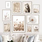 Цветок Язычковая трава бежевый холст постер Лев настенная живопись сухое дерево пейзаж печать Одуванчик настенные картины декор для гостиной