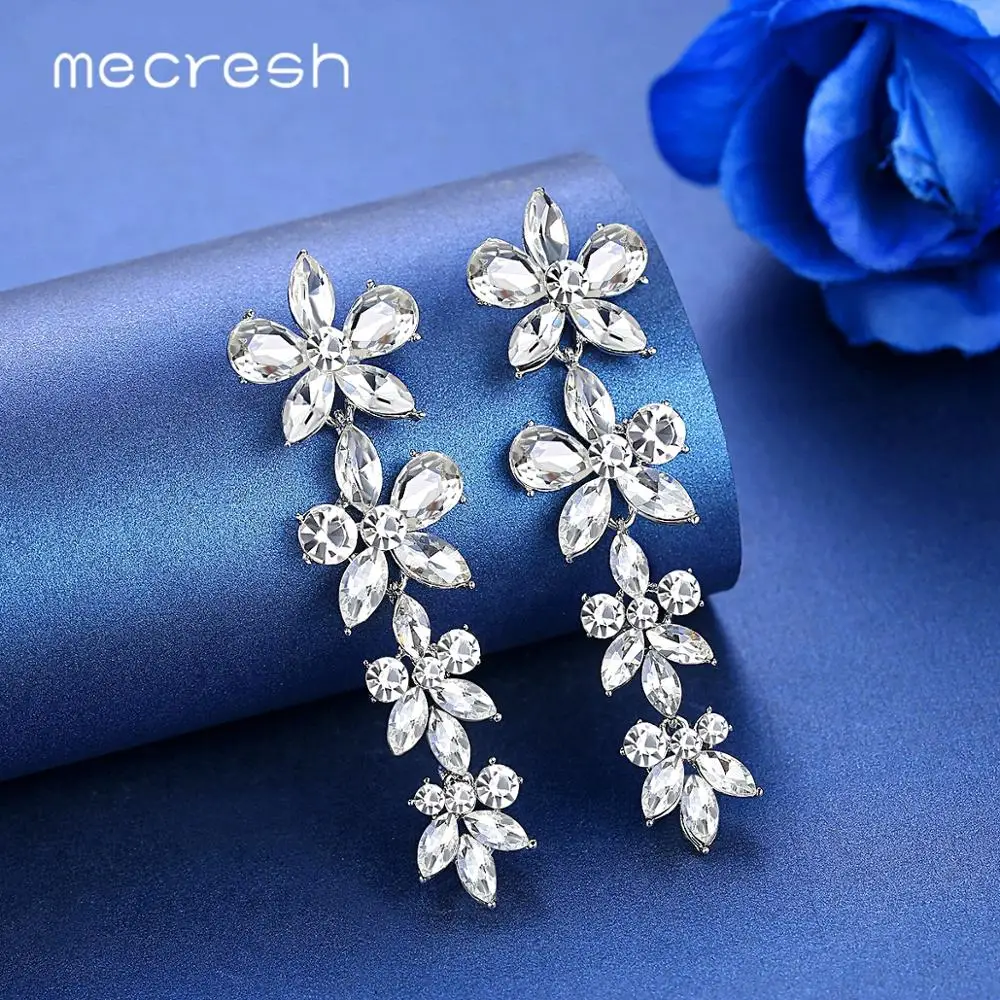 Mecresh корейский милый цветок длинные серьги для невесты женщин Кристалл Свадебные