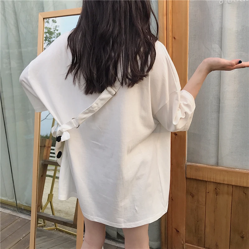 

Houthion Cotton Women's T-shirt Short Sleeve Top Loose Letter Print T Shirt Casual New Korean Fashion Summer Tshirt O-Neck