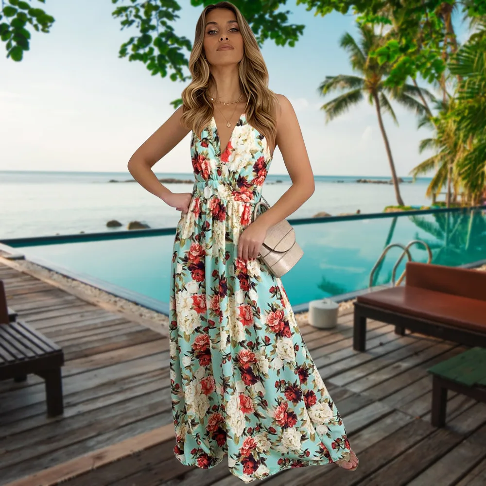 

Summer New Women's High Waist Sleeveless Dress V-Neck Floral Print Drawstring One-Piece Dress