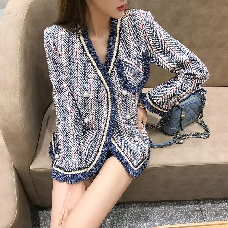 Harajuku Blue White Striped Tweed Jacket 2019 Winter Women Long Sleeve V Neck Elegant Overcoat Bead Pearls Tassels Cardigan Coat | Женская