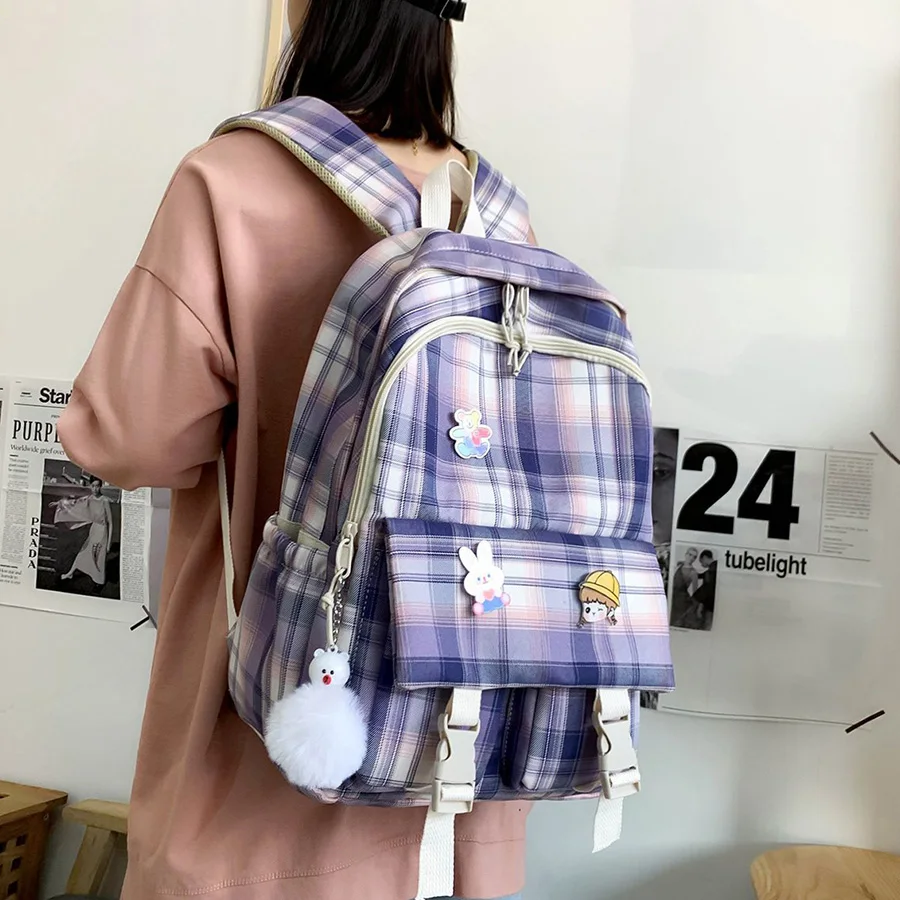 

Women Plaid Pattern Backpack New Teenager Girl Large Capacity Travel Backpacks for School Mochilas Female Purple Preppy Schoobag