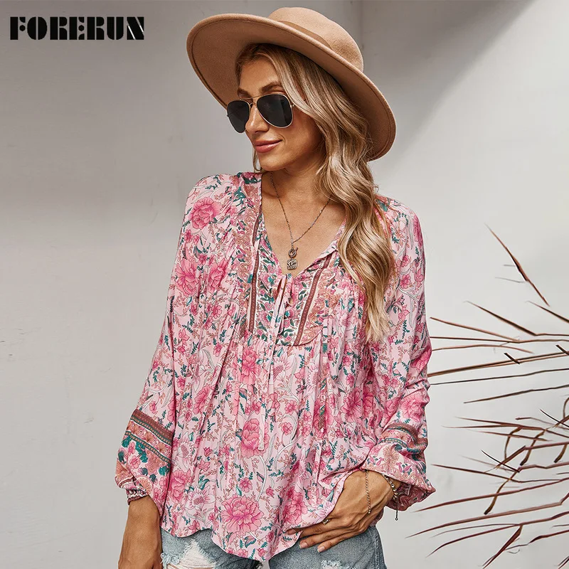 

FORERUN Floral Blouse Women Long Sleeve Lace Up V Neck Vintage Printed Ladies Tops Blusa Femme