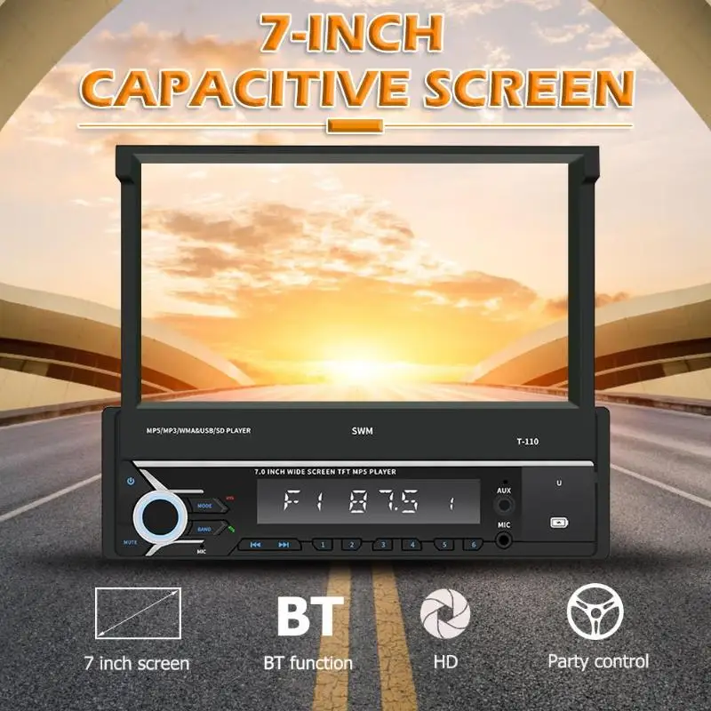 SWM T-110 Bluetooth Car Stereo MP5 Player 7 inch Retractable Screen AUX USB Radio Receiver In Dash Head Unit | Автомобили и