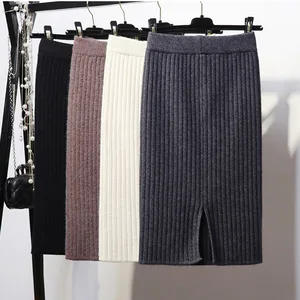 Женская облегающая вязаная юбка-карандаш, белая элегантная вязаная юбка-карандаш средней длины с высокой талией на осень и зиму, 2019