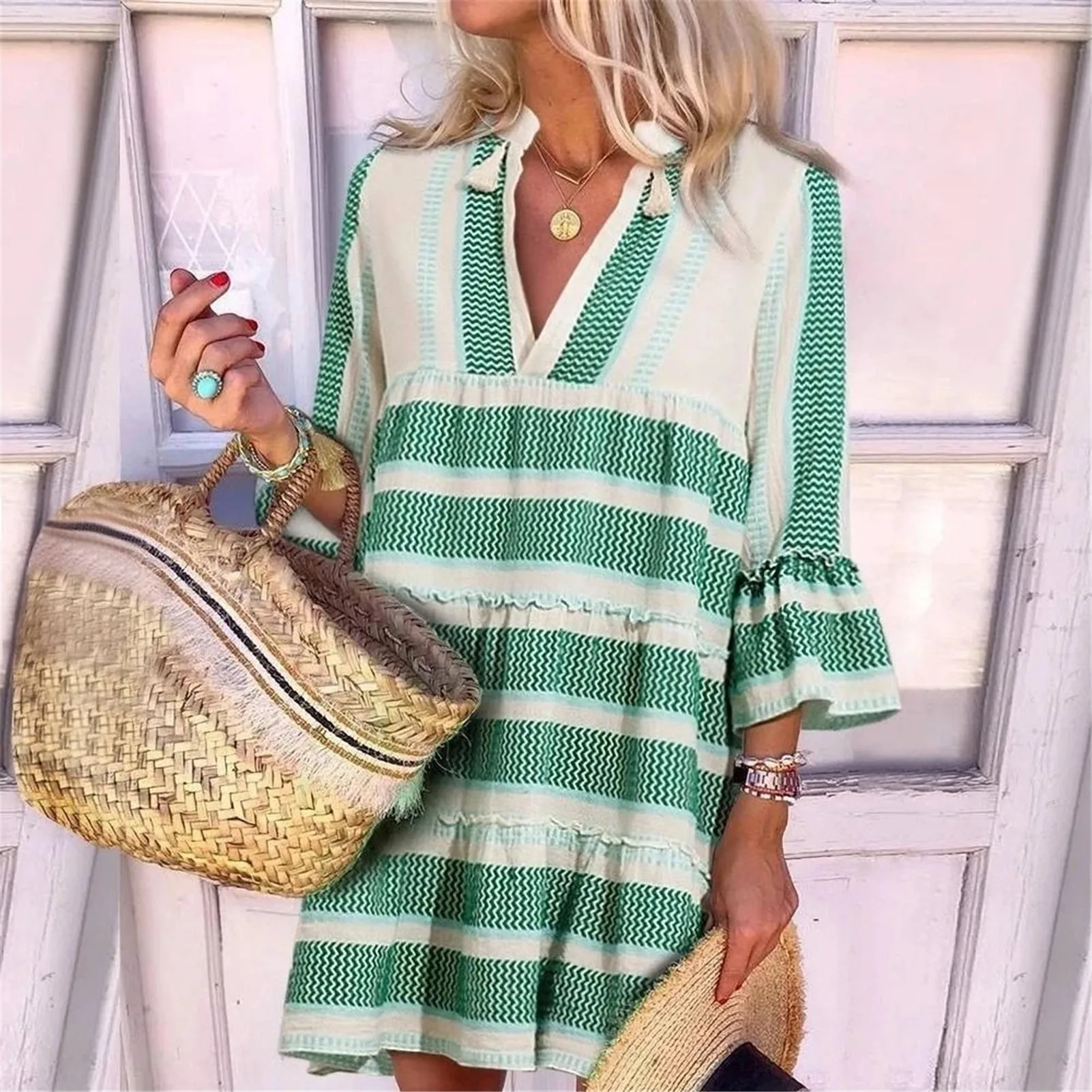 

Women's Printed Flare Sleeves Above Knee Casual Dresses V-Neck Loose Fit Vacation Maxi Dress for Every Day M09