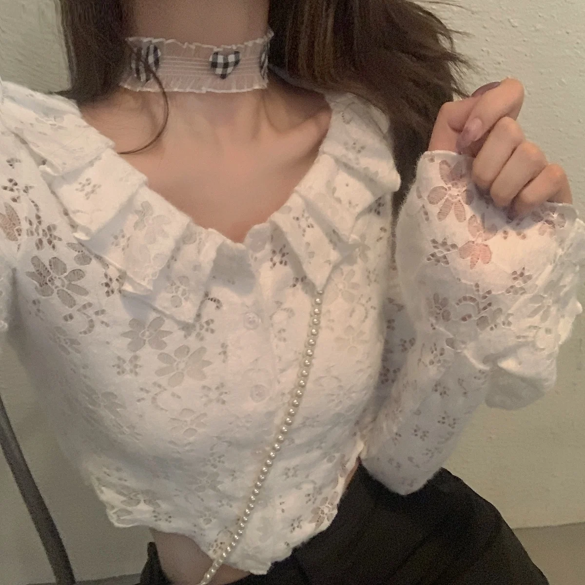 

Women's Blouse Design Sense Long Sleeve Lace Shirt 2021 New Autumn And Winter Women's Wear Forest