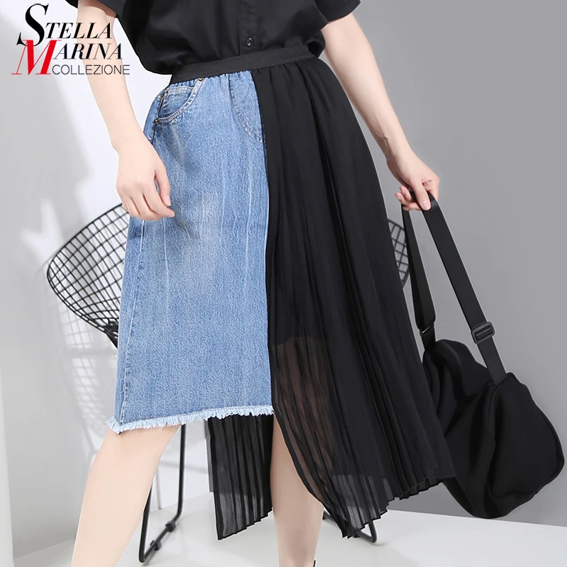 Женская джинсовая юбка составного кроя Повседневная плиссированная шифоновая с