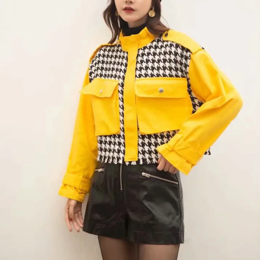 

XEASY 2021 Women Elegant Houndstooth Patchwork Streetwear Long Sleeve Jacket Female Fashion Vintage Zipper Jacket Casual Top