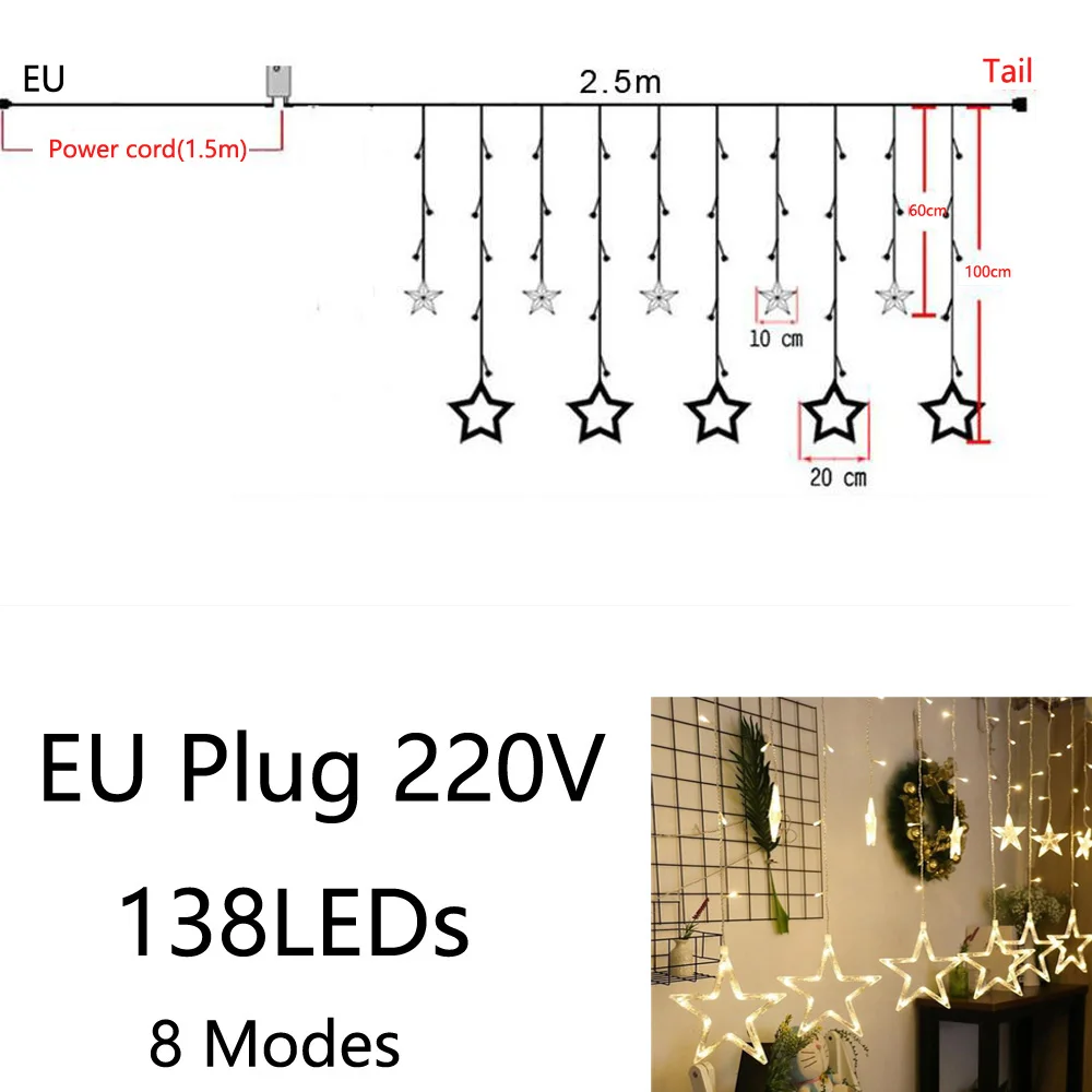 EU Plug Светодиодный светильник с Лунной звездой, Рождественский светильник, s украшение, праздничный светильник, s занавес, лампа, Свадебный неоновый фонарь, 220 В, сказочный светильник - Испускаемый цвет: EU Plug