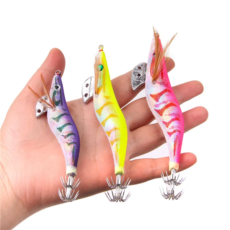 

Toio 10Pcs 12g-20g Squid bait hooks Wooden Shrimp jig Fishing Lures hooks wooden Artificial light jigging lure with bag trout