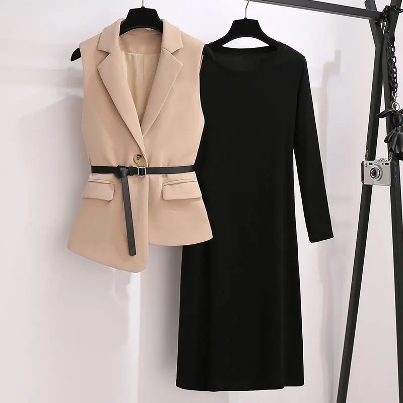 

Women Oversized Sleeveless Suit Black Dress Two-piece Set 2020 Autumn Winter Female Elegant Solid Blazer Dress Suits with Belt