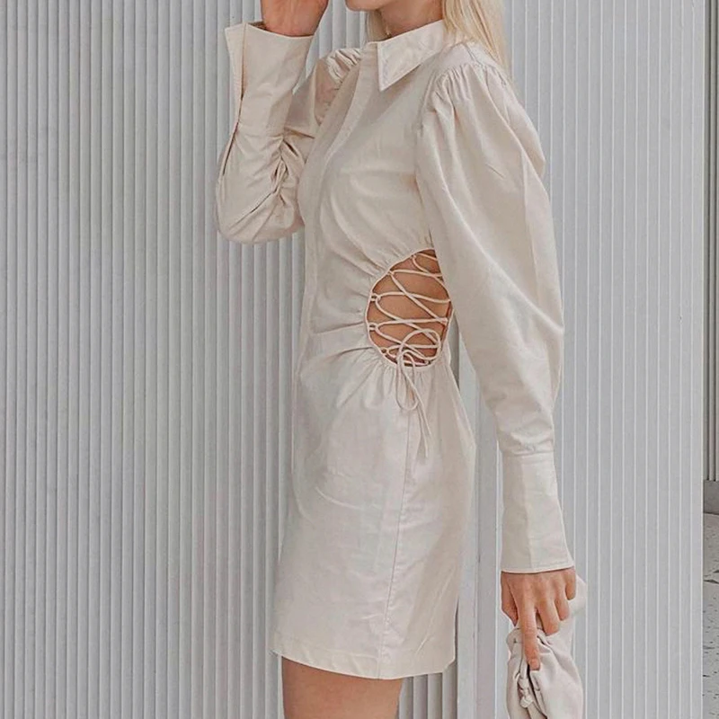 

Rockmore Black Backless Shirt Dress Women Single Breasted Mini Dresses Ladies Sexy Tie Up Long Sleeve Skinny Short Dress 2021