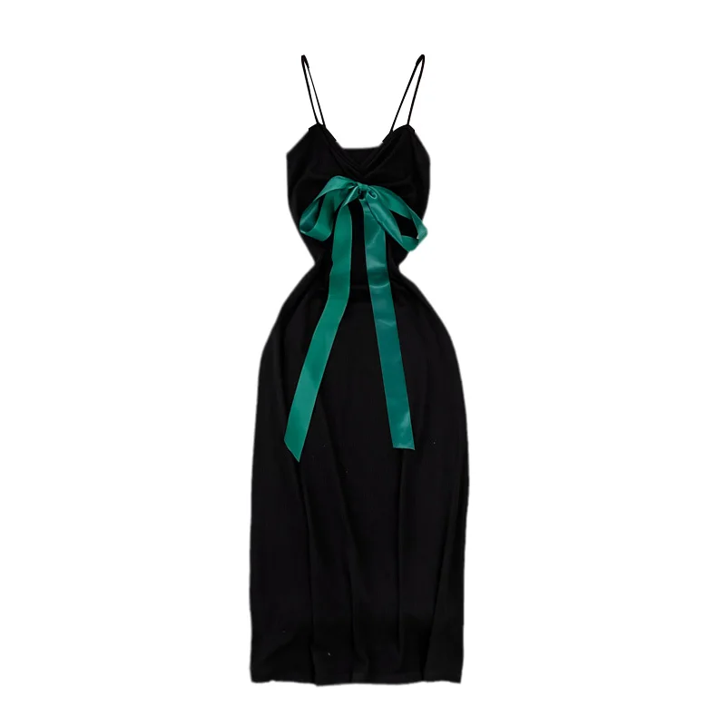 

French retro bow suspender green Dress female 2021 summer new style elegant temperament slim hip dress women a-line mini dress