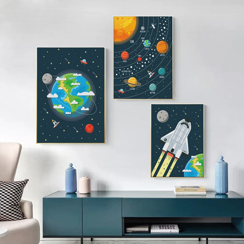 

Solar System Earth Canvas Painting Spaceship Rocket Prints and Posters Space Wall Art Pictures for Living Room Home Decoration