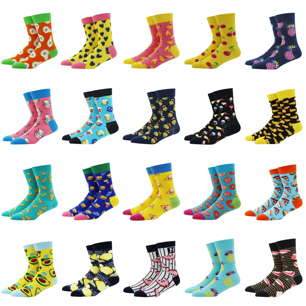 

5Pairs High Quality Combed Cotton Socks Fruit Pattern Long Tube Funny Happy Men Socks Novelty Skateboard Crew Casual Crazy Socks