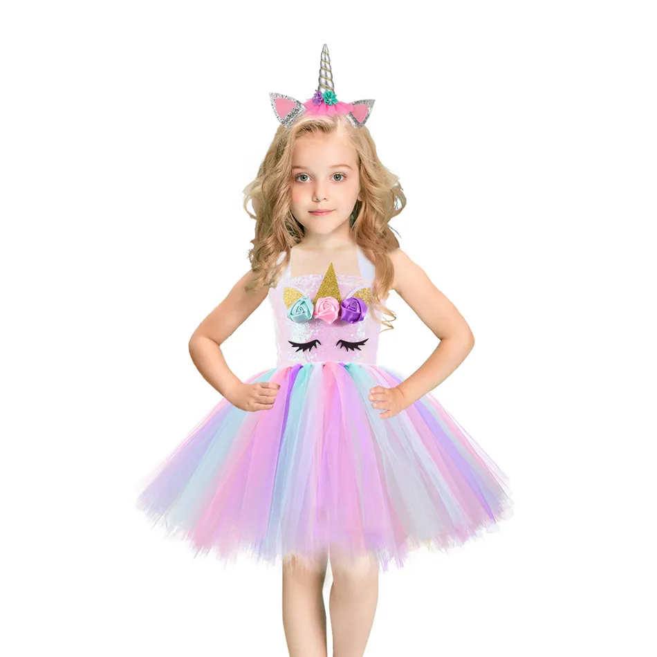 

Радужный костюм единорога, платье принцессы для девочек, одежда для дня рождения, платье принцессы, платье-пачка для девочек, детские костюм...