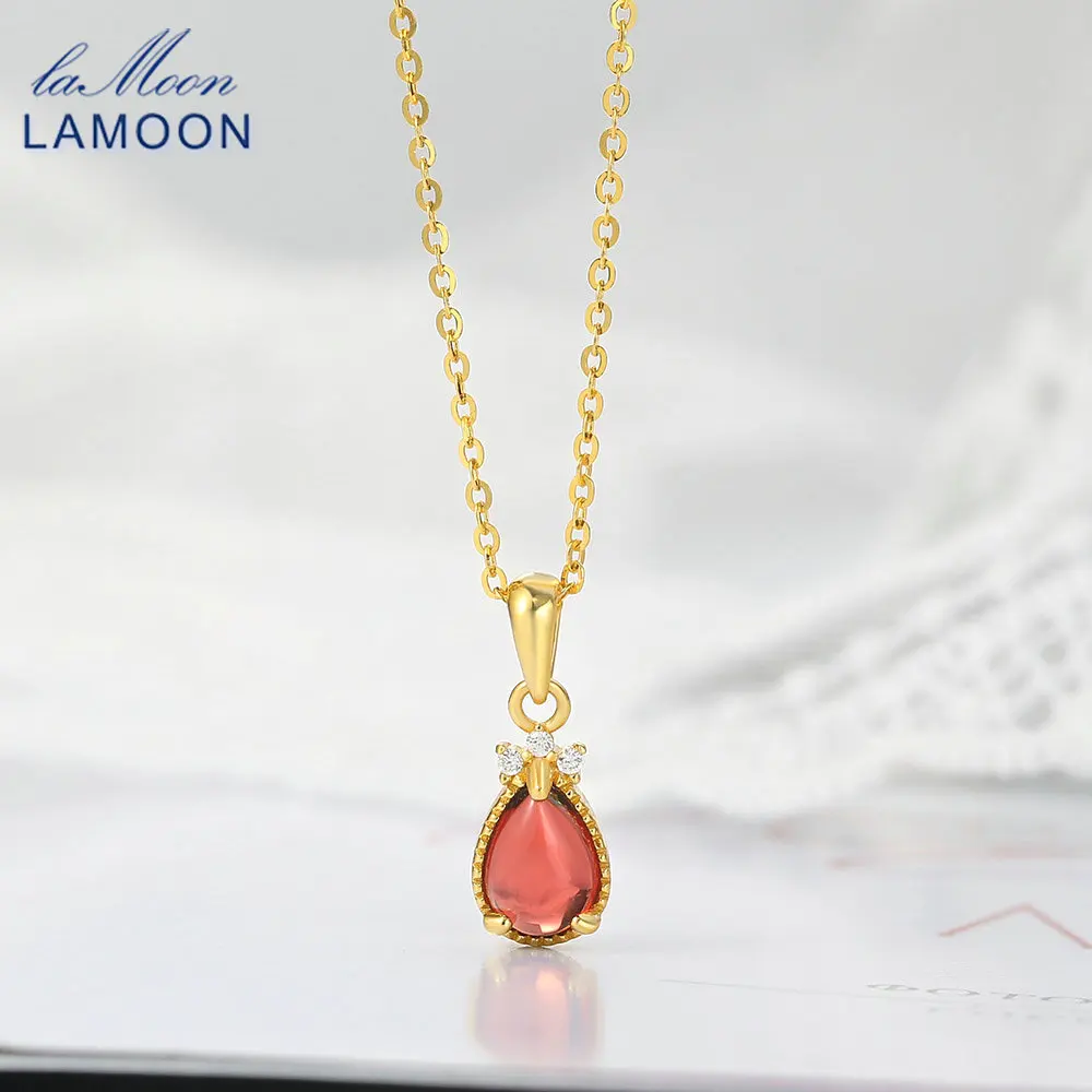 

LAMOON Lovely Goldfish Pendant Necklace For Women Natural Waterdrop Garnet Gemstone 925 Silver 14K Gold Plated Jewelry LMNI123