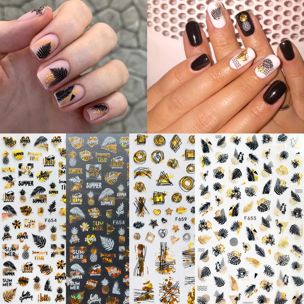 

1pcs 4 colors 3D Stickers Summer Laser Shinning Maple leaf Nail Art Slider Geometry Lines Decorations Transfer Decals MYF654-661