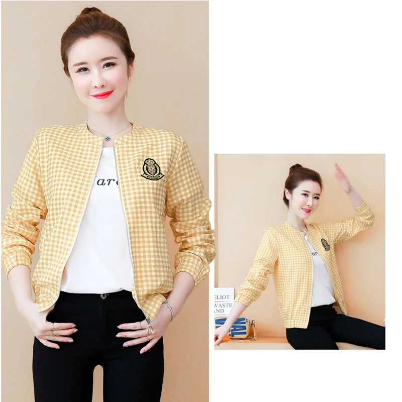 

2021 Korean Autumn Plaid BasicWomen Jacket Zipper Long Sleeve Elegant Ladies Coats Bomber Jackets Female Outwear Clothes OK597