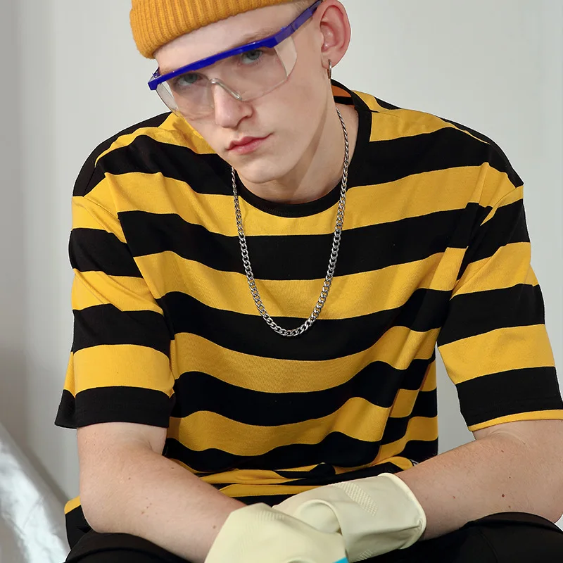 

Striped Mens Loose T-shirt Short Sleeve Summer Youth Boy Hip Hop Casual Fashion Tshirt Cotton Tee Shirts Streetwear Harajuku