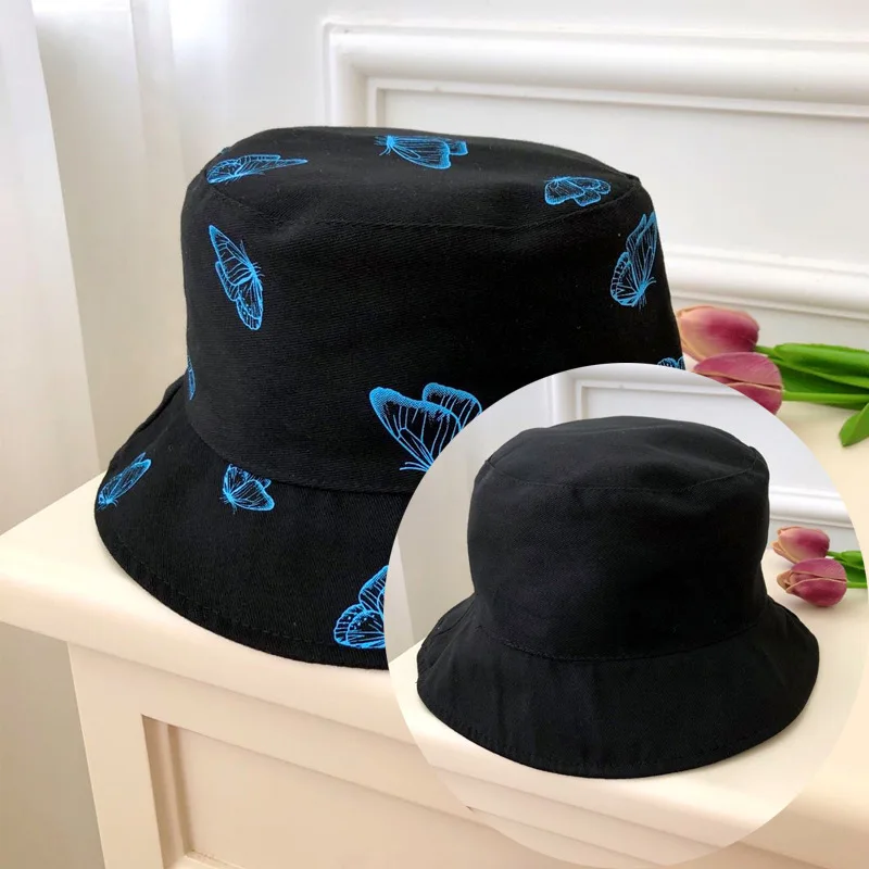 

2021 New Women Butterfly Double Sided Embroidery Autumn Bucket Hat Foldable Sun Hat Cap Hip Hop Fishing Cap Outdoor Hat Gift