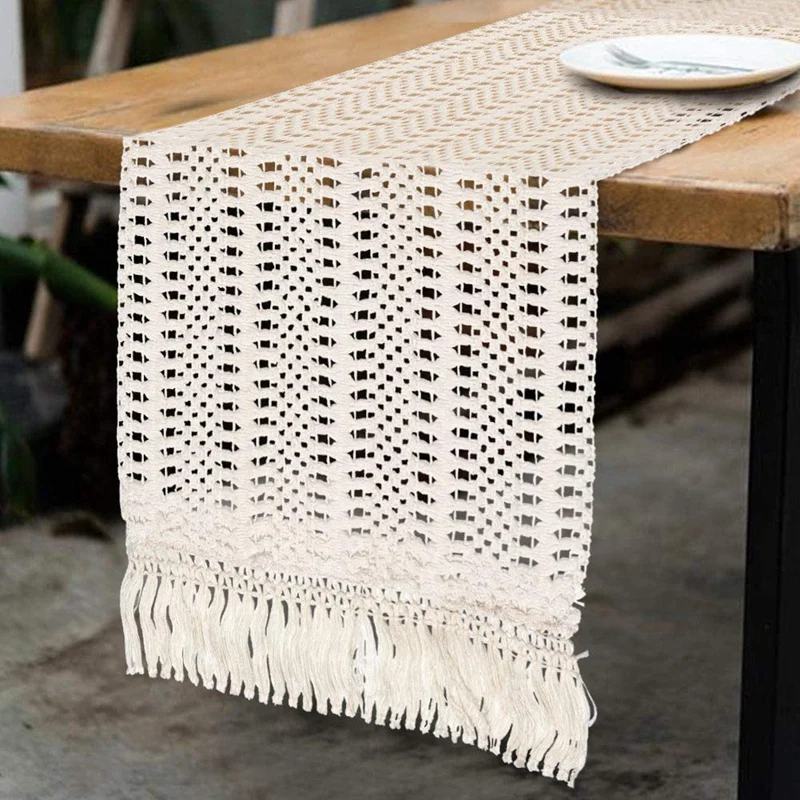 

2 Pcs, Natural Macrame Table Runner Cotton Crochet Lace Boho Wedding Table Runner with Tassels for Bohemian Rustic