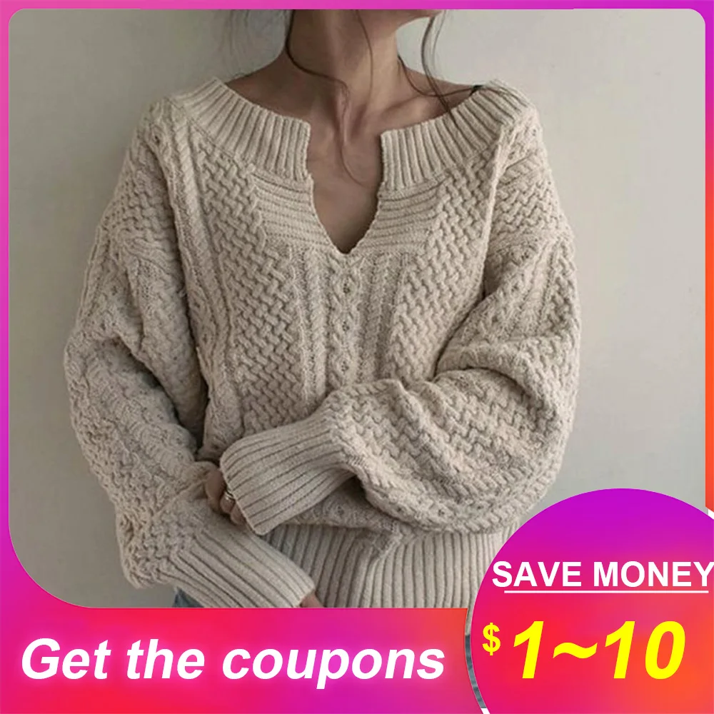 Women Winter Knitted Sweater Female Autumn V Neck Sexy Casual Loose Solid Color Pullovers Knitwear OL Tops Jumper pull femme | Женская