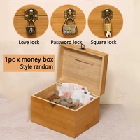 retro style storage case money box coins banknotes piggy bank with lock bamboo carving for kids home decoration saving handle