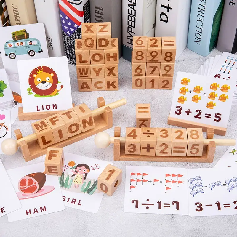 

Wooden Building Blocks Word Spelling Math Operation Teaching Aids Learning Game Card Preschool Early Education Toys for Kids