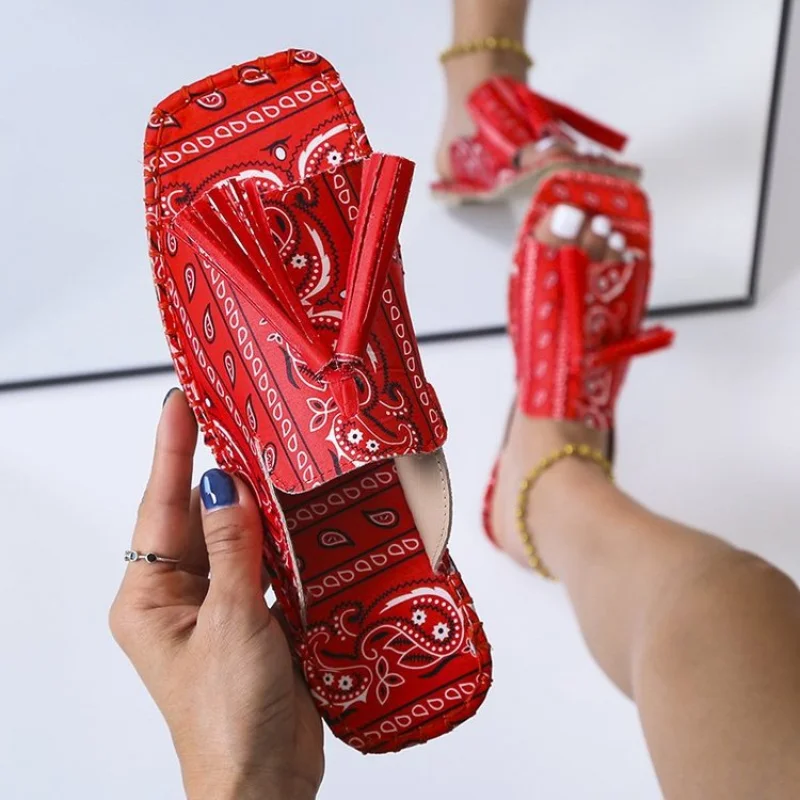 

Flat Slippers for Women 2021 Summer Women's Tassel Sandals Flats Heel Square Toe Open Slides Casual Women Shoes Plus Size