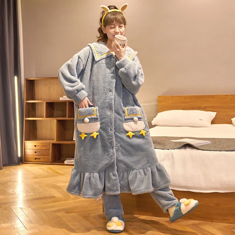 

Женская розовая ночная рубашка с капюшоном и карманами, осенне-зимние пижамные комплекты из кораллового бархата, утепленная фланелевая Мил...