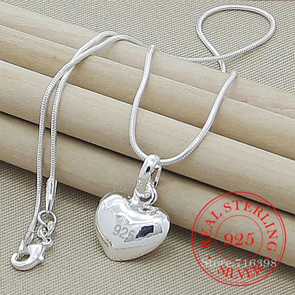 

925 Sterling Silver Solid Heart Pendant Necklace 16/18/20/22/24 Inch Snake Chain Choker For Women Wedding Charm Fashion Jewelry