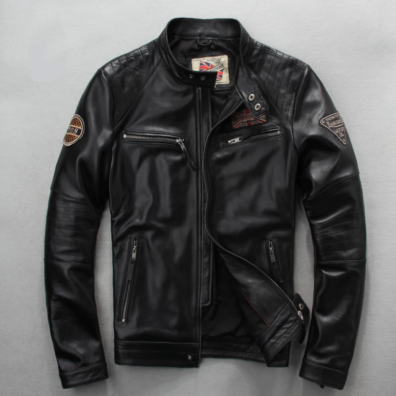 

Factory Classic style Men Black Genuine Cowskin Motorcycle leather jacket Fashion Cowhide bomber Biker Jacket Winter Russia Coat