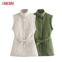 tangada women green waistcost parkas with belt pockets 2021 office lady oversized coat sleeveless je174