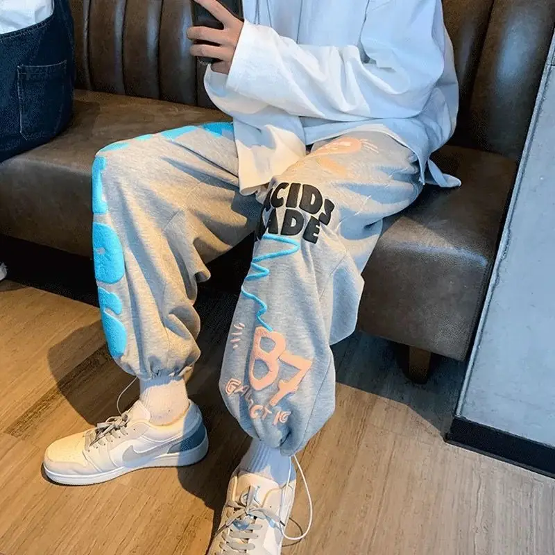 

Men's pants plus velvet loose full letter print men trousers lovers drape Hip Hop handsome running warm casual Sweatpants