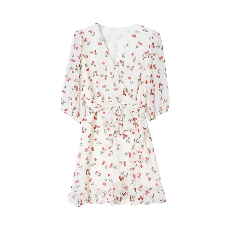 

Gezelligheid Dresses For Women 2021 Summer Fashion Elegant Casual Slim Cherry Print Puff Sleeve V-Neck Ruffle Chiffon Midi Dress