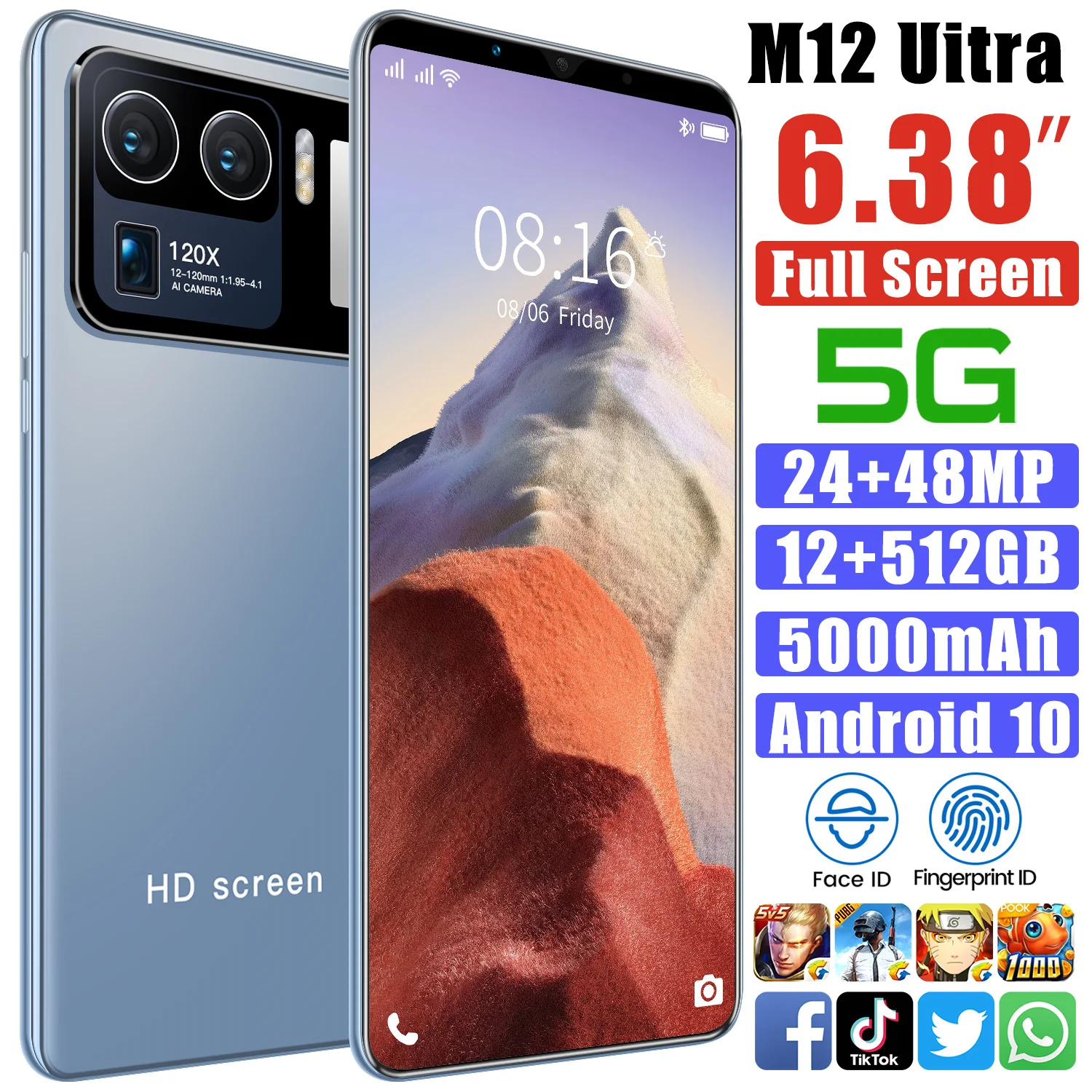 

2021 Global 5G Version 1080*2320 M12 Ultra 6.38Inch RAM 12GB ROM 512GB Fingerprint ID Android 10 Dual SIM Card 5000MAH 24+48MP