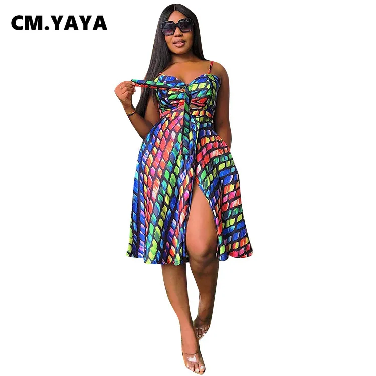 

Knee Length Dress Spaghetti Strap V-Neck Fit And Flare Splited Dresses Sexy Elegant Female Print Clothing Summer Outfit
