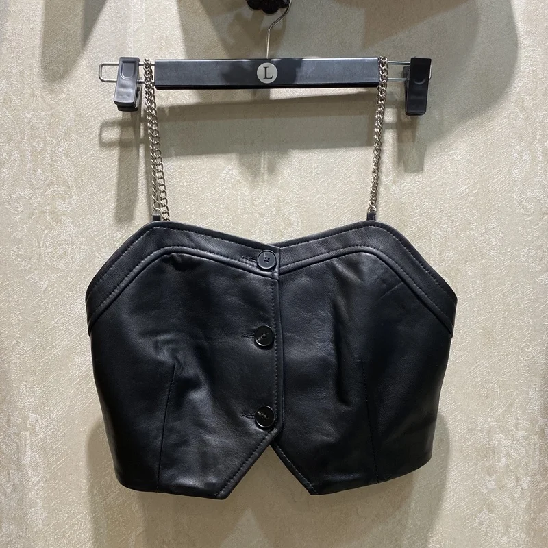 

SHZQ Women's Leather Vest Genuine Sheepskin Solid Sexy Tank Top Black Halter Crop Female Autumn Camis Backless Camisole Casual T