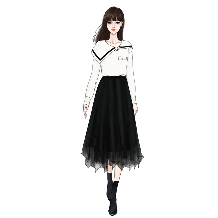 

Institute New Winter Outside Dew Shoulder Loose Wear Pullovers Sweater Lapels Languid Black Mesh Gauze Skirt Suits Sweet Girl