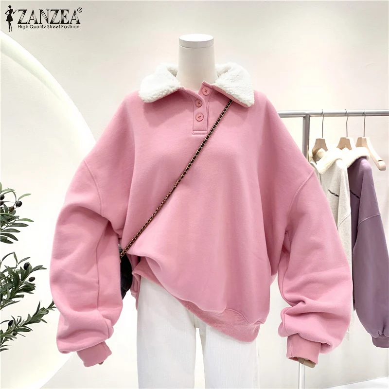 

Модная однотонная Толстовка ZANZEA, пуловер с лацканами на весну и осень, повседневные Теплые Топы с длинным рукавом, женские толстовки оверса...