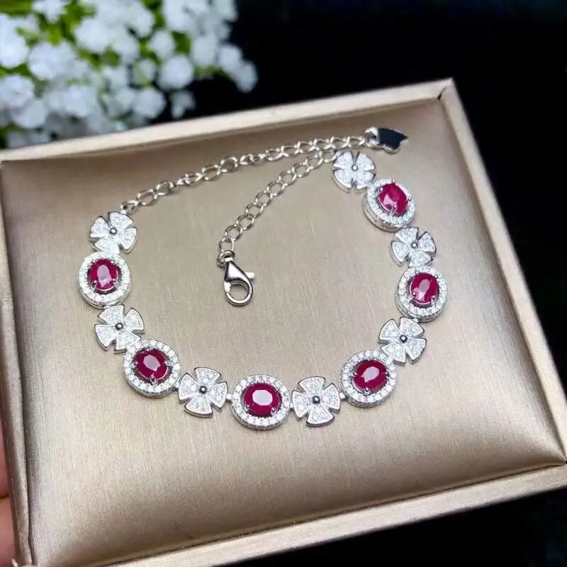 

SHILOVEM 925 STERLING SILVER REAL NATURAL RUBY BRACELETS FINE JEWELRY TRENDY WOMEN PARTY NEW PLANT WEDDING 4*5MM BL040501AGH