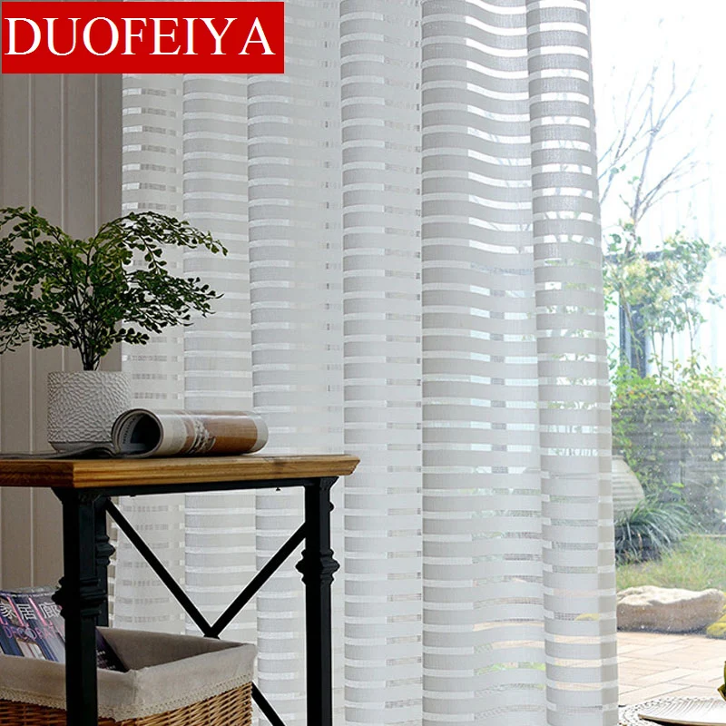 

Modern White Striped Window Tulle Curtains for Living Room Geometric Solid Sheer Curtain for Bedroom Voile Net Curtains Binds