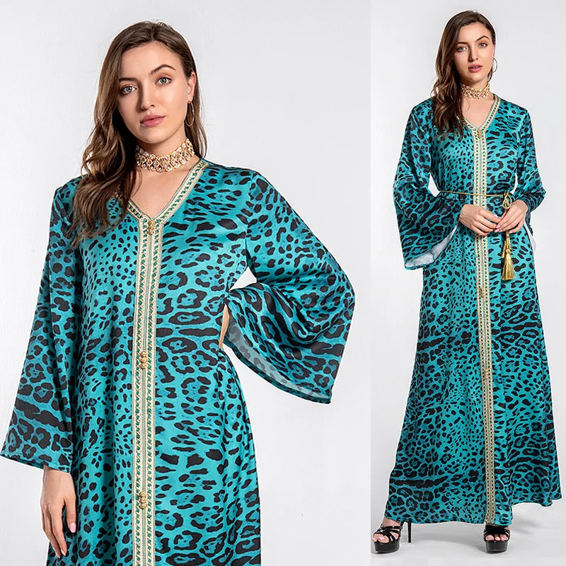 

Muslim Abaya Print Leopard Maxi Dress Silk Satin Cardigan Kimono Long Gowns Jubah Ramadan Eid Arab Islamic Africa Dashiki Robe